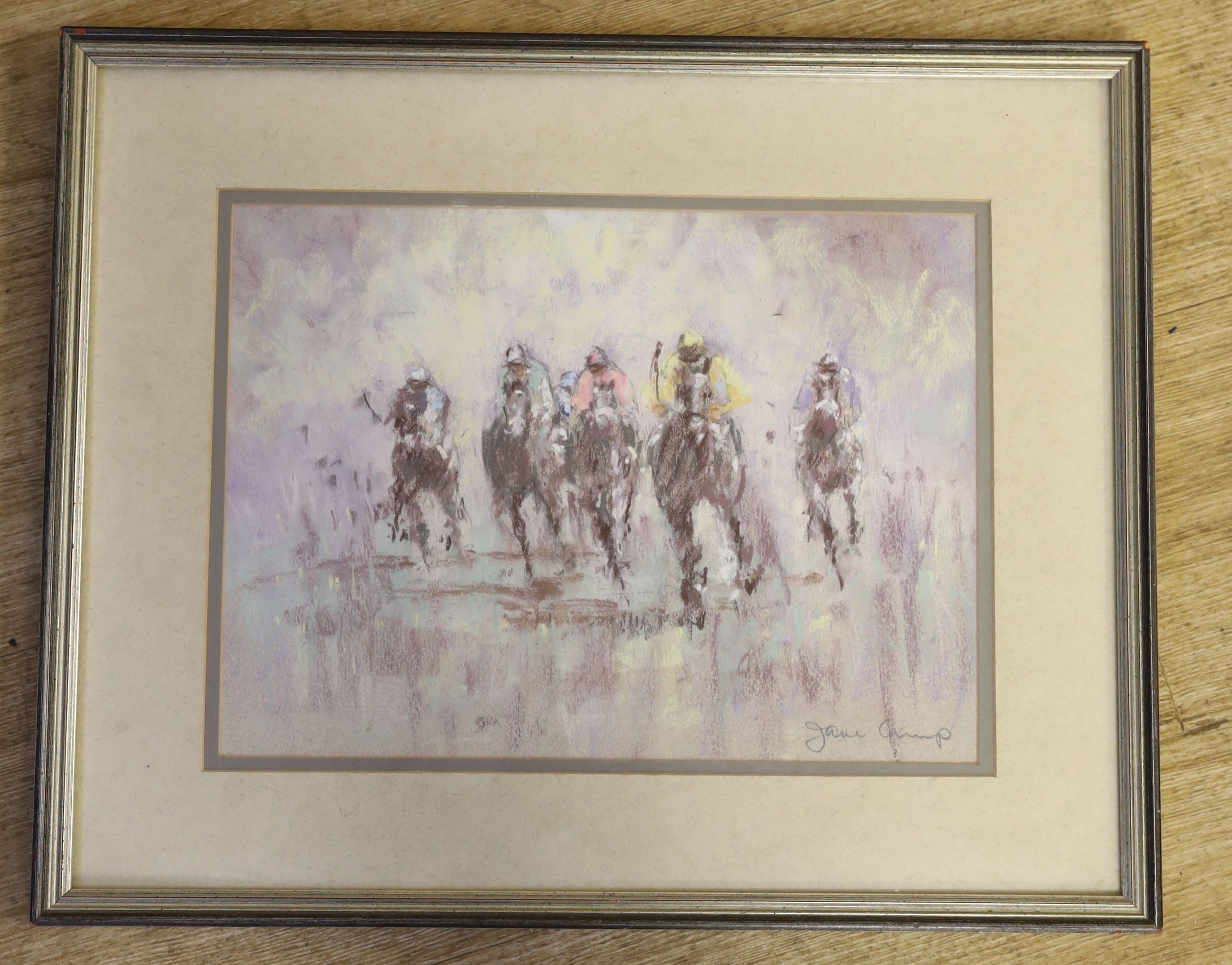 Jane Camp, pastel, Horse racing scene, signed, 24 x 33cm